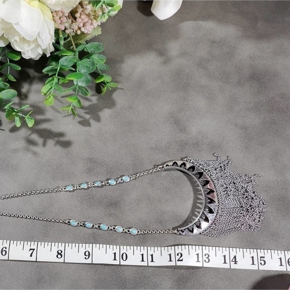 Lucky Brand Silver Tone Boho‎ Waterfall Fringe Necklace Turquoise Accents New - Picture 7 of 7